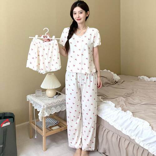睡衣三件套装女夏款薄款高级感夏季樱桃风夏天家居服0626d