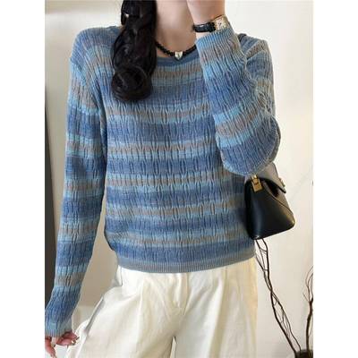 圆领条纹渐变色针织衫上衣2025冬新款韩系穿搭百搭毛衣女1122h