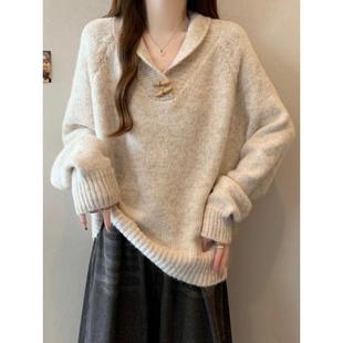 胖mm宽松慵懒加厚1226n 大码 秋冬季 感翻领正肩针织毛衣女2026新款