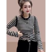 t恤女202春秋爆款 修身 打底衫 欧货条纹棉质长袖 内搭洋气小衫 0202r