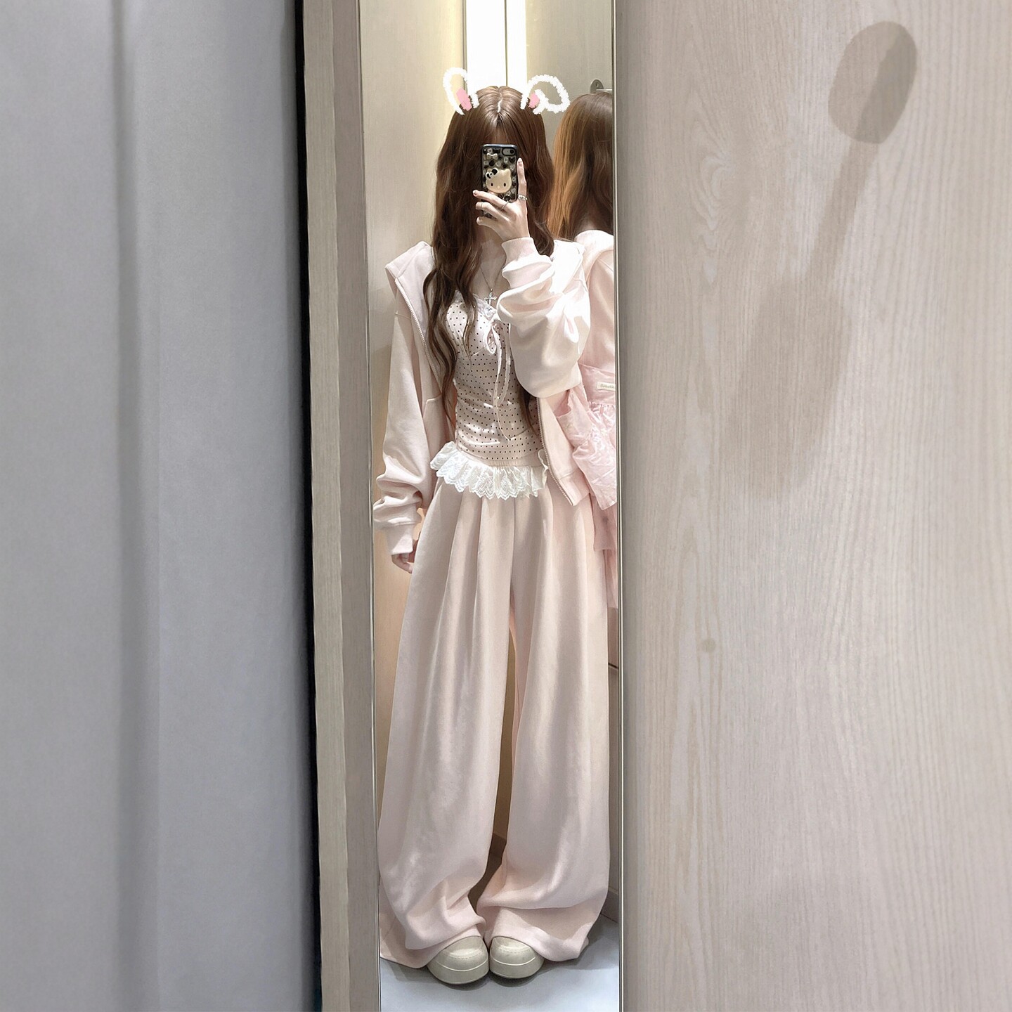 秋冬季韩系甜美少女风运动套装女波点背心连帽卫衣阔腿裤休1021z