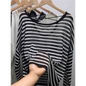 女式 t恤夏季 薄美背防晒衬衫 黑白条纹冰丝面膜长袖 别致美丽 0202r