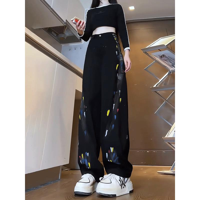 秋季裤子美式复古涂鸦牛仔裤男女款小众设计感裤子高街0914z图片