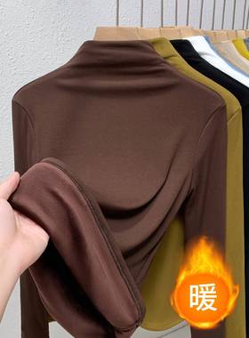 加绒加厚打底衫女士修身高领长袖t恤2026秋冬新款百搭咖色上0102h