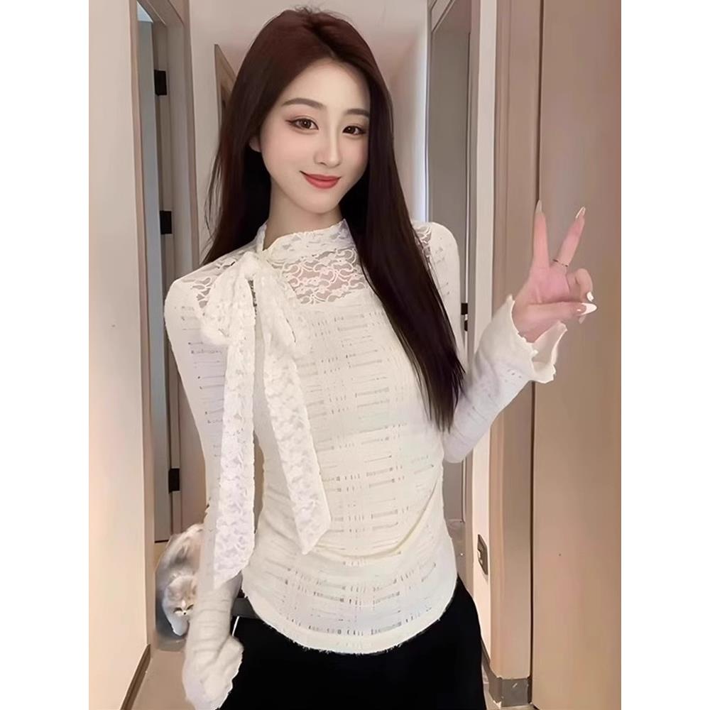 秋冬新款蝴蝶结飘带蕾丝打底衫女法式时尚百搭高级感气质加1203e