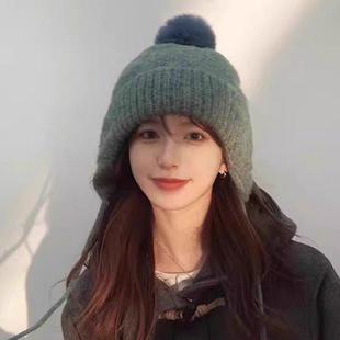 春秋时尚百搭混色吊球辫子帽子女韩版毛线帽保暖护耳针织帽0115ud
