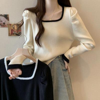 秋冬季大码女装法式感泡泡袖正肩针织衫胖妹妹遮肚子长袖打1120n