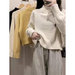 春秋季杏黄色半高领短针织女式加厚高底上衣中领针织衫0108n