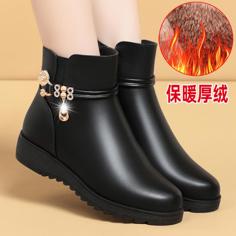 靴子女2025新款爆款加绒妈妈鞋鞋平底防滑短靴中老年保暖老1102h