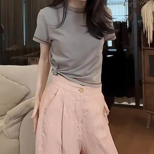漂亮韩系撞色明线短袖t恤女夏季2026新款宽松显瘦百搭正肩上0625k