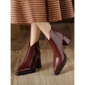 短靴2026秋冬新款 春季 女式 厚跟尖头短跟厚底酒红色皮靴0128ed