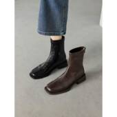 巨舒服 小短靴女春新款 加绒后拉炼粗跟弹力瘦瘦靴简约百搭0129e