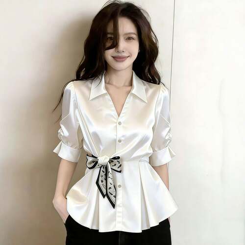 0411z1夏款白色缎面衬衫女丝巾收腰翻V领短袖小衫2026新款夏季知