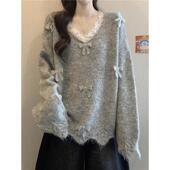 春季 0206k 大尺码 女打底衫 t恤巨好看蕾丝V领灰色毛衣2026新款