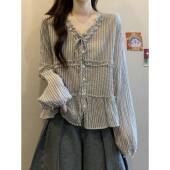 木耳边V领格纹长袖 胖mm显瘦遮肚减龄打底上0201w 大码 衬衫 女秋新款