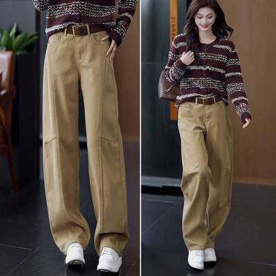 秋冬卡其色加绒加厚牛仔裤女2025季新款好看休闲百搭窄版弯1211u