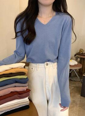 早春雾蓝色显白V领针织打底衫宽松遮肚子内搭上衣温柔风毛0113n