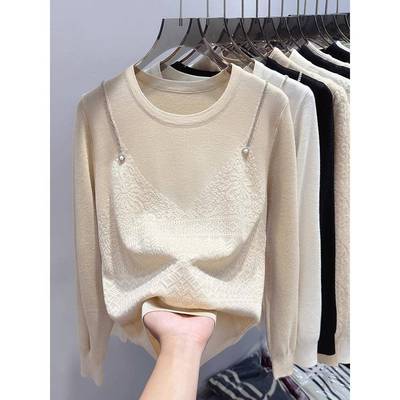 蕾丝打底衫女秋修身内搭毛衣小衫外穿洋气百搭高级感针织1201e