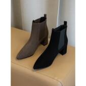 春季 尖头短靴黑色粗跟磨砂中跟0128ed 新款 切西女式 短靴2026春秋季