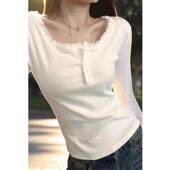 纯欲蕾丝花边方领长袖 T恤女2026年春秋开领正肩显瘦打底衫 上0128h