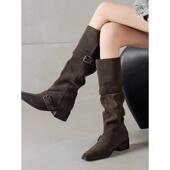 春季 2026秋冬新款 堆堆靴粗跟西部牛仔靴显瘦皮带扣不过膝美0128ed