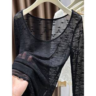 春黑色镂空蕾丝衫上衣女夏秋大码性感百搭打底衫外穿长袖领0204rd