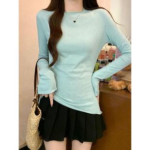 春季薄荷绿色波浪风格长袖薄底衬衫女性夏季新卷曲圆领苗条0113ud