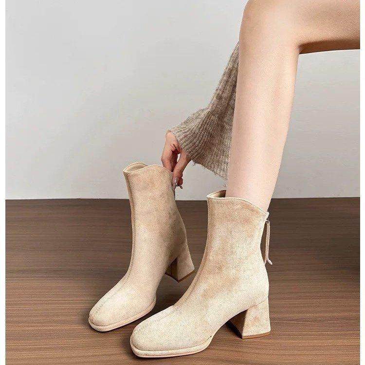 早春2026年秋冬季小个子时尚新款粗跟瘦瘦靴方头高跟裸色弹0123n,女鞋,时装靴,淘宝优惠券,粉丝福利购,淘宝优惠卷
