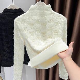 加绒加厚修身 女秋冬季 气质内搭保暖1219e 蕾丝花边高领打底衫 法式
