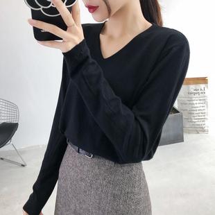 新款 宽松短底针织衫 v领长袖 上衣慵懒风格 1227n 针织衫 秋冬季