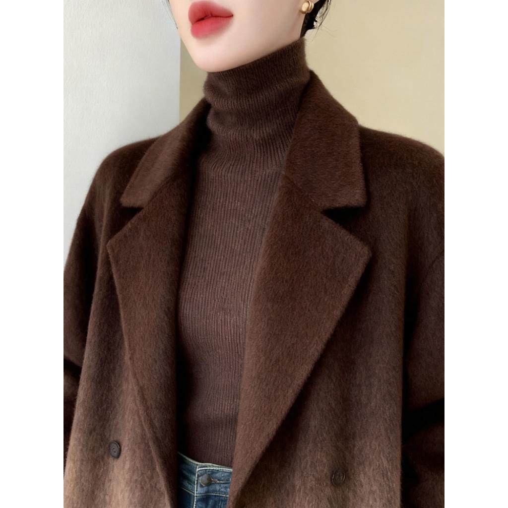 咖啡色堆堆领打底衫女修身内搭针织衫无缝高领纯色毛衫冬季1223e