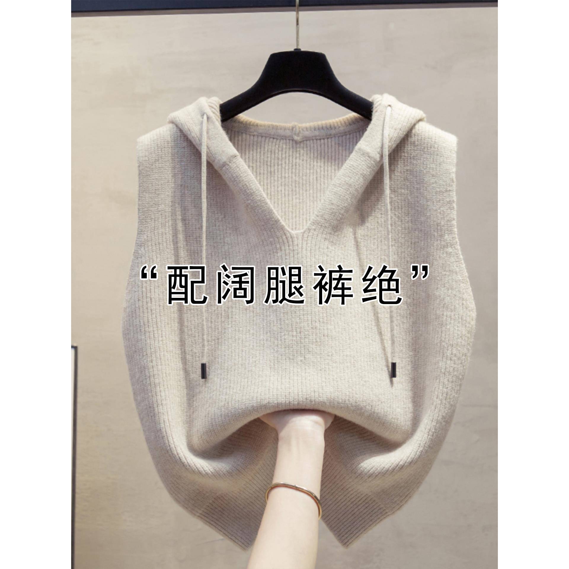 连帽针织马甲毛衣女秋冬帽衫可外穿内搭高级感打底衫上衣1203h