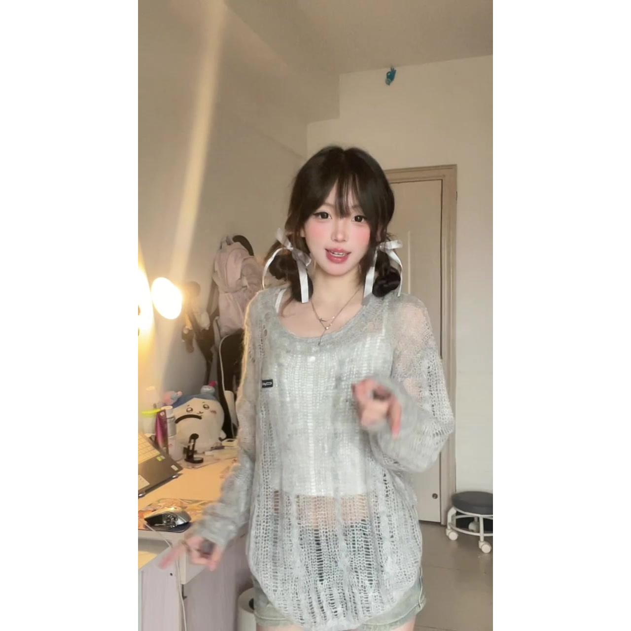 早秋镂空套头薄款针织衫女夏季高级感慵懒风宽松外搭长袖防0826d图片