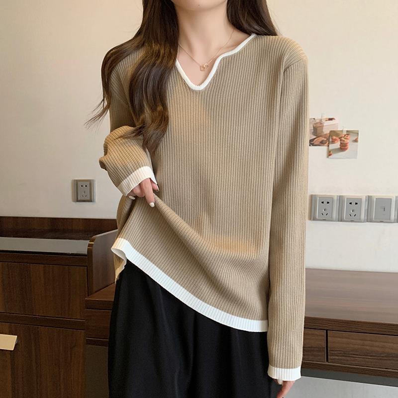 秋冬季胖mm宽松遮肉显瘦v领长袖针织打底衫女大码减龄百搭女1120n