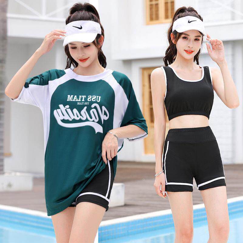 度假泳衣女微胖加大码胖mm分体罩衫中袖防晒运动三件套0410d