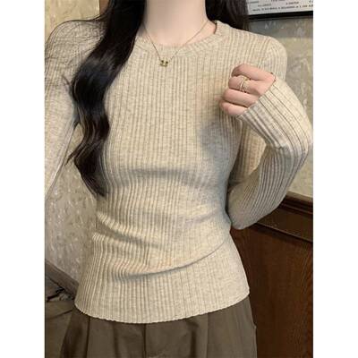 秋冬季感坑条内搭毛衣女针织衫修身正肩长袖上衣时髦打底衫1214n