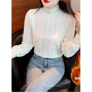 显瘦内搭上衣保暖小1219e 法式 高领钩花加绒蕾丝打底衫 女秋冬新款