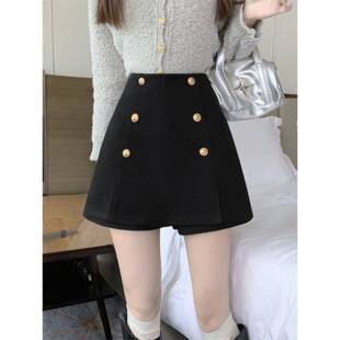 大码高腰A字半身裙裤裙女2026春季一体假两件毛呢开叉直筒短0207w