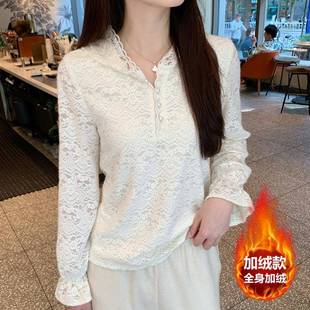 时尚 女秋冬新款 宽松别致连帽内搭长1219e 绣花加绒蕾丝打底衫 法式