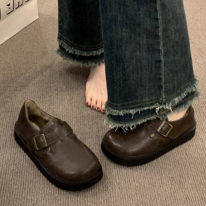 秋冬季全包乐福鞋女一脚蹬加绒鞋子女保暖二鞋黑色豆豆鞋1202n