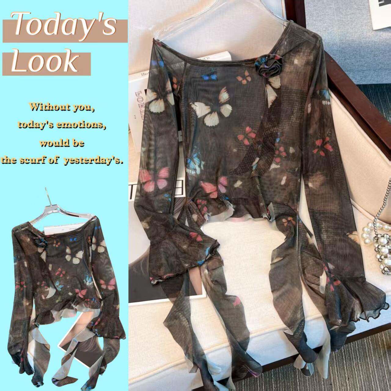 春夏玫瑰花立体装饰蝴蝶印花网纱防晒t恤女不规则设计感喇叭0303d