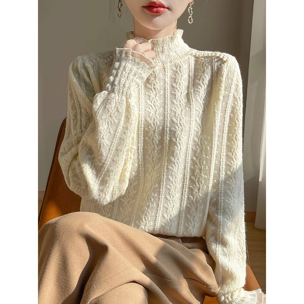 秋冬高领蕾丝提花打底衫女2025新款洋气内搭大码女装针织毛1204u
