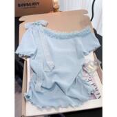 韩系蓝色斜肩冰丝针织短袖 T恤女夏季 蝴蝶结系带露肩一字肩上0202r