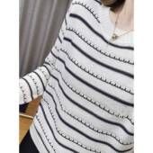 时尚 洋气减龄针织0202r 宽松打底衫 妈妈圆领条纹长袖 T恤女春秋新款