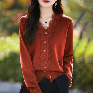 气质蕾丝拼接针织开衫 轻1219e 女短外套毛衣高级洋气内搭保暖毛衫