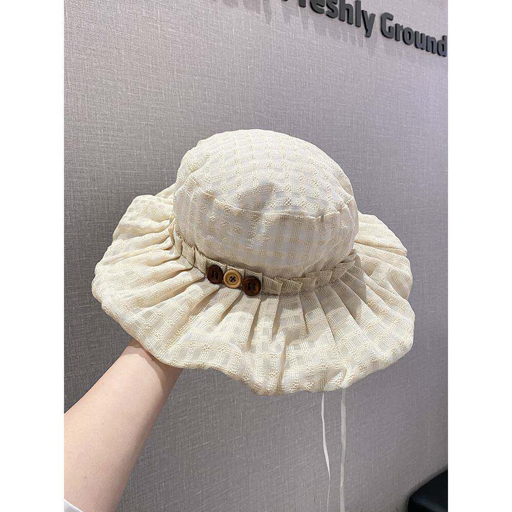 韩版格子纽扣褶皱帽檐渔夫帽子女春夏季薄款透气显脸小遮阳0305e