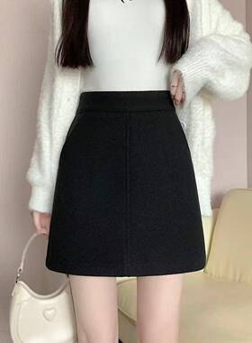 春秋季2026新款黑色毛呢半身裙女高腰显瘦A字短裙防走光百搭0108n