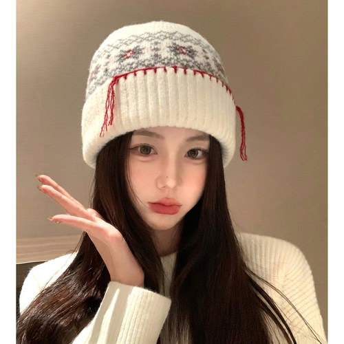 保暖帽子费尔岛风复古雪花毛线帽女秋冬季韩系休闲百搭提花1008e