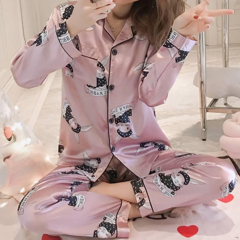 Full Sleeve Silk Pajamas Set  Autumn Women Pajama Sets S