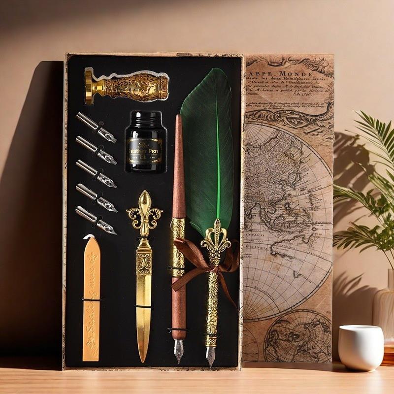 Colorful feather pen dipping fountain pen set